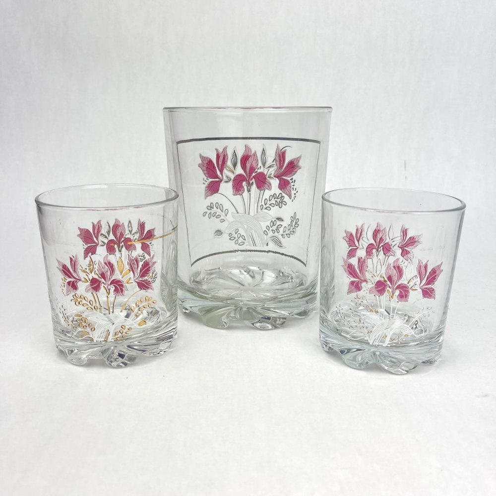 Vtg MCM Cerve DeValbor Ice Bucket + 2 Rocks Glasses Pink Floral Made In Italy